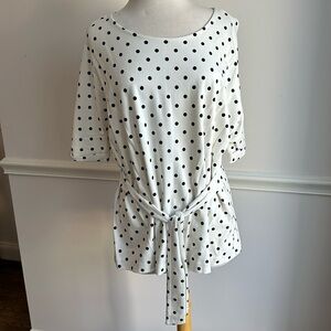 Tahari Loose Fit TEE Tunic tie waist polka dot Cream black XL NWT